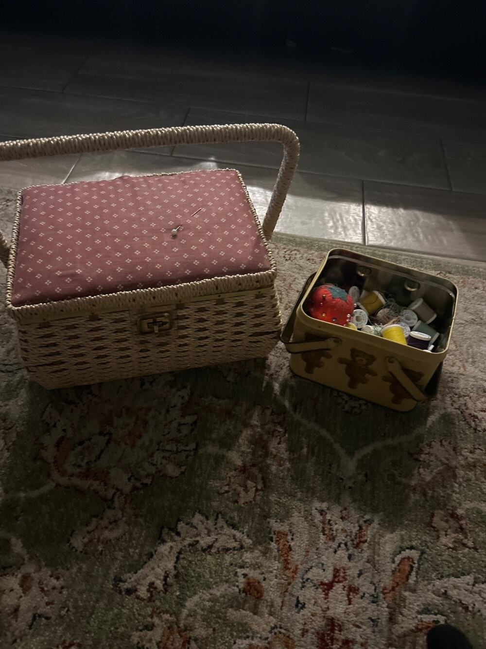 Vintage Sewing Box with contents plus large metal basket of thread